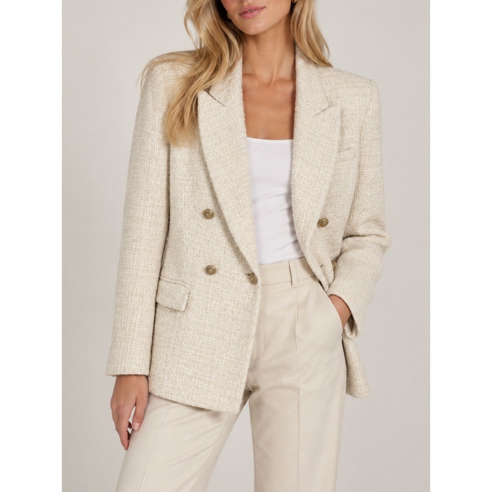 Zara Womens Cream Textured Tweed Double Breasted Blazer Gold Crest Buttons S